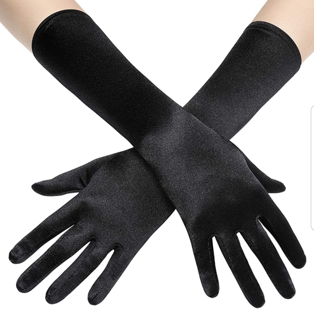 Black Satin Opera Gloves Gatsby Gloves Below Albow 15" - Picture 8 of 9